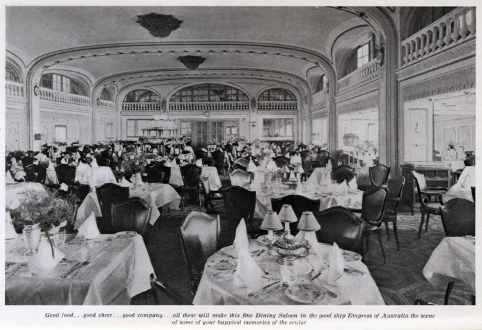 Framed Print : Dining saloon on cruise liner, Empress of Australia Framed Print : Dining saloon on cruise liner, Empress of Australia