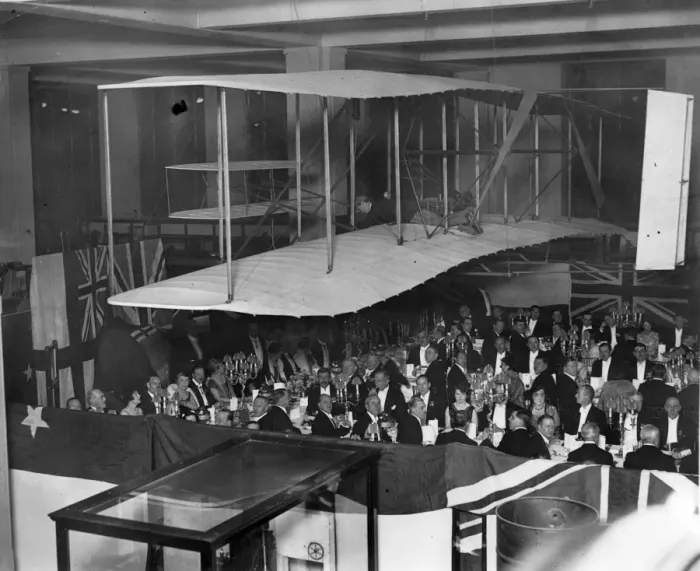 Framed Print : Dinner held by the RAeS under the original 1903 Wright Flyer Framed Print : Dinner held by the RAeS under the original 1903 Wright Flyer