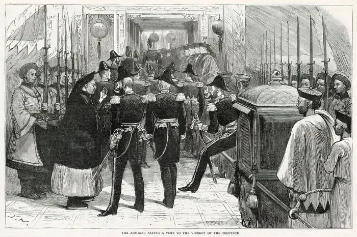 Framed Print : Diplomatic visit between British Navy and a Chinese Provincial Governor. Date: 1887 Framed Print : Diplomatic visit between British Navy and a Chinese Provincial Governor. Date: 1887
