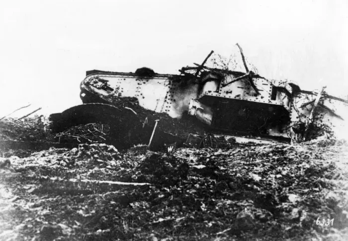 Framed Print : Disabled tank on Western Front, WW1 Framed Print : Disabled tank on Western Front, WW1