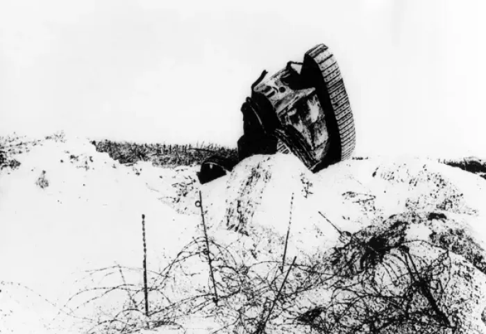 Framed Print : Disabled tank in winter, Somme, France, WW1 Framed Print : Disabled tank in winter, Somme, France, WW1