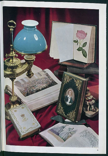 A display of bound, illustrated volumes. Date: circa 1954