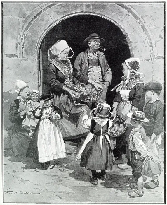 Framed Print : Distributing eggs to poor children in the neighbourhood. A custom amongst the farmers of Finistere, after returning from High Mass on Easter Sunday Framed Print : Distributing eggs to poor children in the neighbourhood. A custom amongst the farmers of Finistere, after returning from High Mass on Easter Sunday