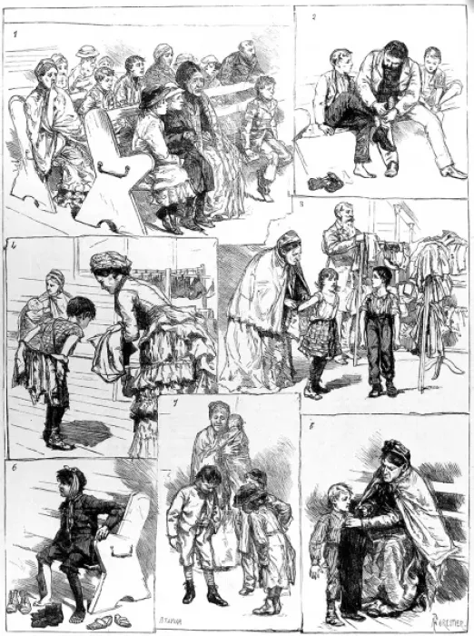Framed Print : Distribution of boots and clothing to poor children Framed Print : Distribution of boots and clothing to poor children