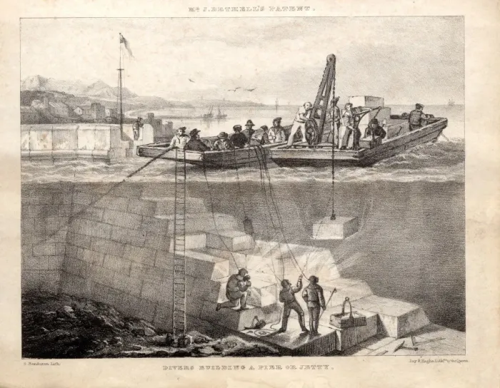 Framed Print : Divers building a pier or jetty Framed Print : Divers building a pier or jetty