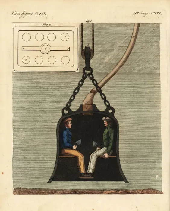 Framed Print : Diving bell with two divers on board Framed Print : Diving bell with two divers on board
