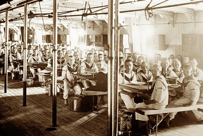 Framed Print : Divisions at meals, Training Ship Exmouth, early 1900s Framed Print : Divisions at meals, Training Ship Exmouth, early 1900s