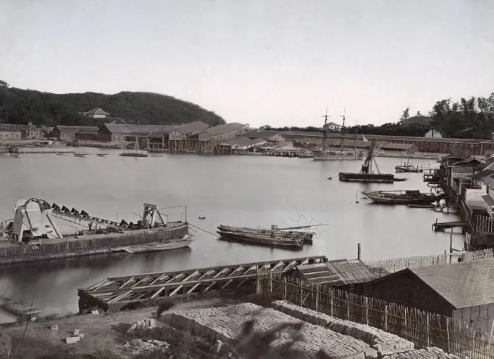 Framed Print : Dockyard and waterfront warehouses, Japan, c. 1880 s Framed Print : Dockyard and waterfront warehouses, Japan, c. 1880 s