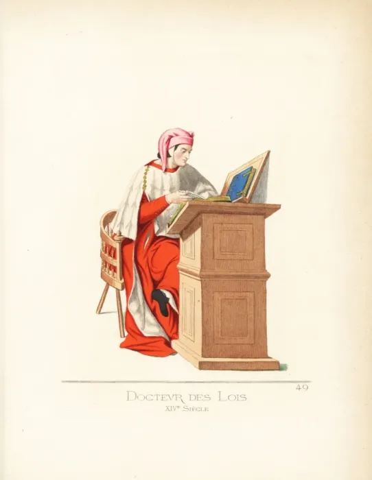 Framed Print : Doctor of law reading books at a lectern, 14th century Framed Print : Doctor of law reading books at a lectern, 14th century