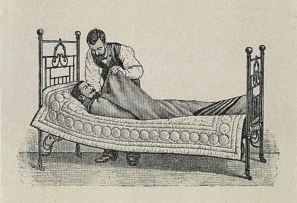 Doctor seeing a patient. Bed treatment. Engraving