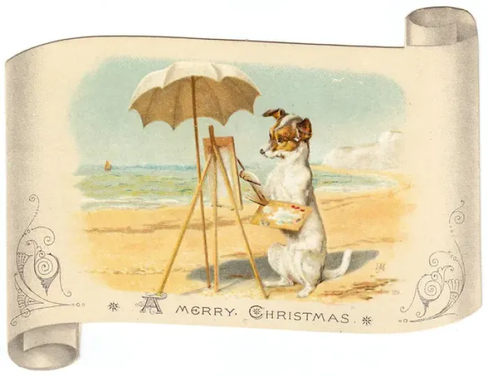 Framed Print : Dog artist at work on the beach on a Christmas card Framed Print : Dog artist at work on the beach on a Christmas card