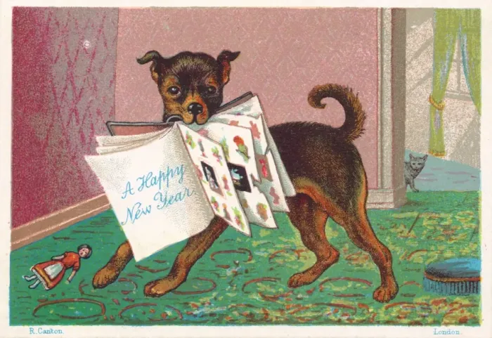Framed Print : Dog with a book in its mouth on a New Year postcard Framed Print : Dog with a book in its mouth on a New Year postcard
