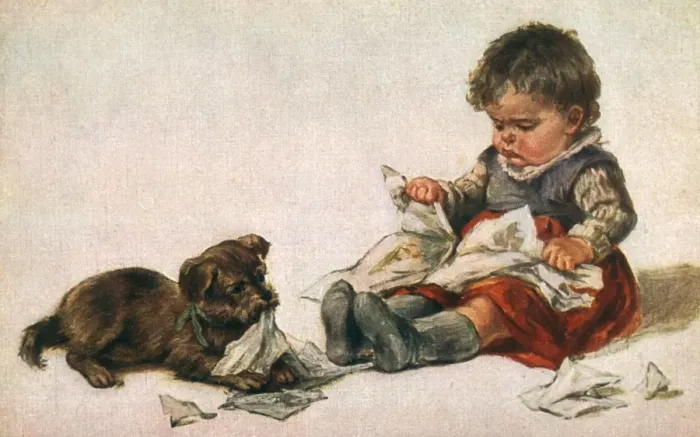 Framed Print : Dog, Boy and Book Framed Print : Dog, Boy and Book