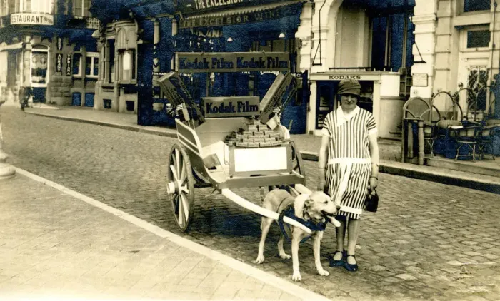 Framed Print : Dog cart with Kodak Girl in striped dress Framed Print : Dog cart with Kodak Girl in striped dress