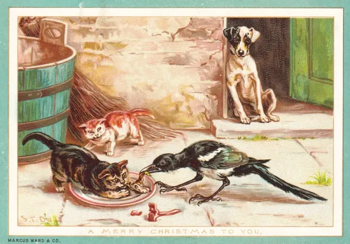 Framed Print : Dog, cats and bird on a Christmas card Framed Print : Dog, cats and bird on a Christmas card