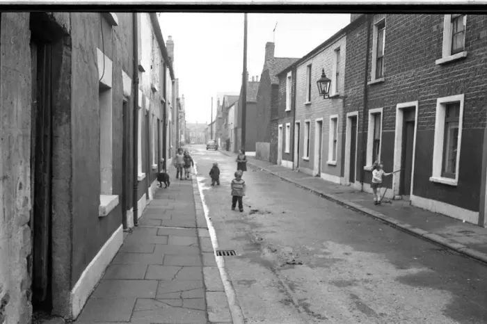 Framed Print : Dog and children in a street, Belfast, Northern Ireland Framed Print : Dog and children in a street, Belfast, Northern Ireland