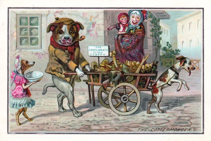 Framed Print : Dog costermonger selling in the street on a Christmas card Framed Print : Dog costermonger selling in the street on a Christmas card