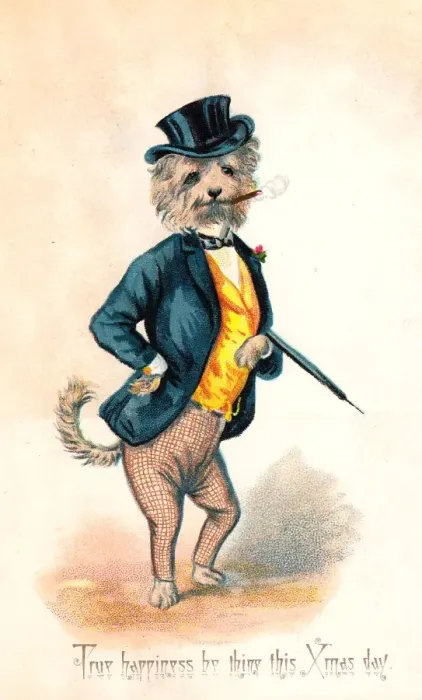 Framed Print : Dog dressed as a man-about-town on a Christmas card Framed Print : Dog dressed as a man-about-town on a Christmas card