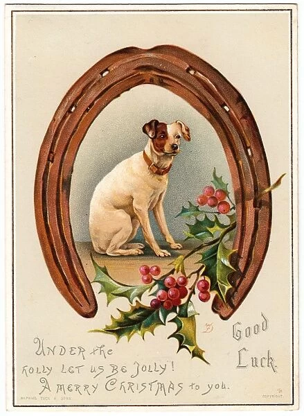 Dog with horseshoe and holly on a Christmas card