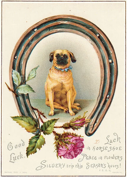Dog with horseshoe and rose on a Good Luck card