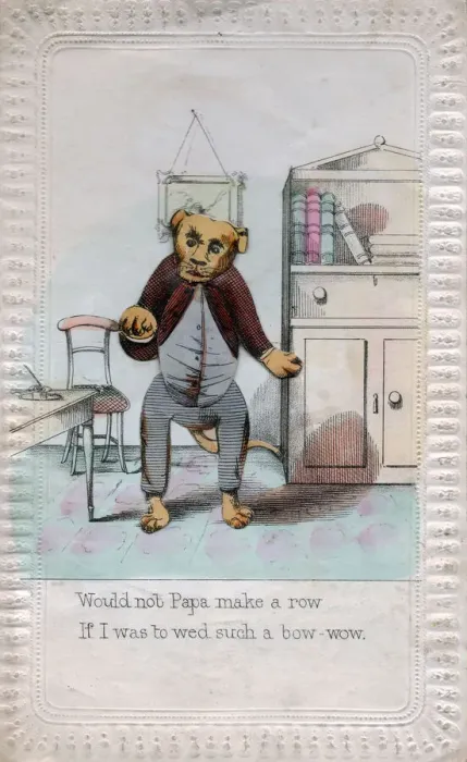 Framed Print : Dog in human clothing on a comic greetings card