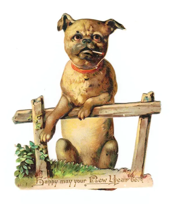Framed Print : Dog leaning on a fence on a cutout New Year card Framed Print : Dog leaning on a fence on a cutout New Year card