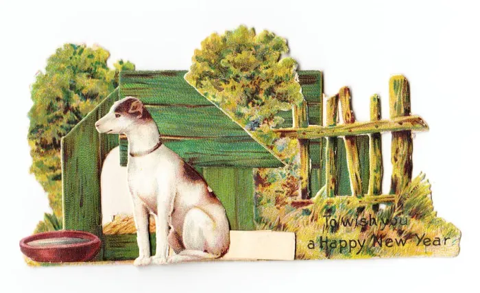 Framed Print : Dog outside his kennel on a cutout New Year card Framed Print : Dog outside his kennel on a cutout New Year card