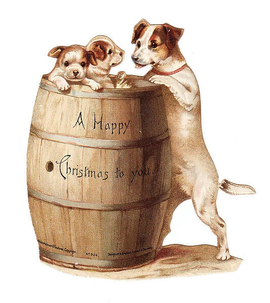 Dog and puppies with barrel on a cutout Christmas card
