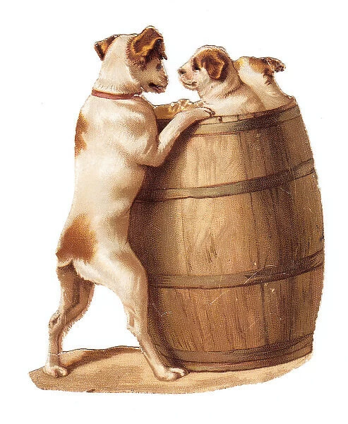 Dog and puppies with barrel on a cutout New Year card