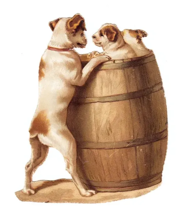 Framed Print : Dog and puppies with barrel on a cutout New Year card Framed Print : Dog and puppies with barrel on a cutout New Year card