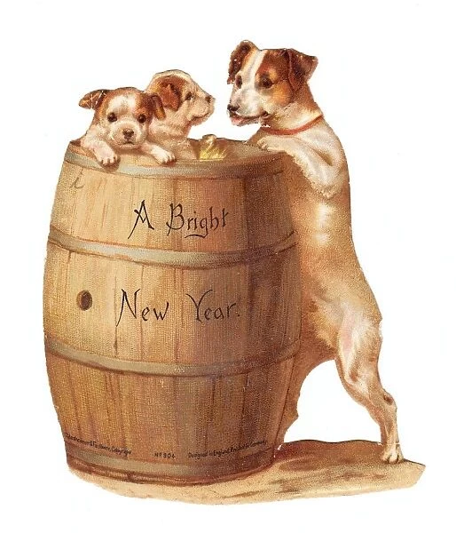 Dog and puppies with barrel on a cutout New Year card