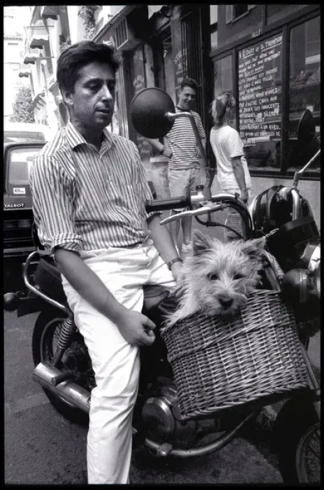 Framed Print : Dog riding in a basket on a scooter, Paris, France Framed Print : Dog riding in a basket on a scooter, Paris, France