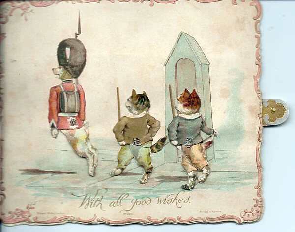 Dog soldier and two cats on a greetings card
