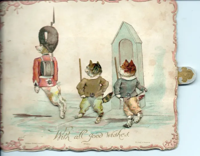Framed Print : Dog soldier and two cats on a greetings card Framed Print : Dog soldier and two cats on a greetings card