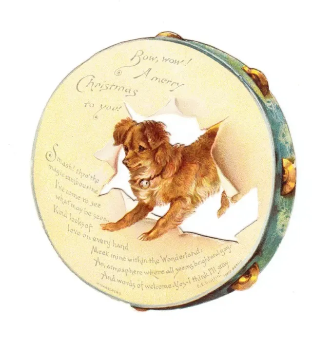 Framed Print : Dog on a tambourine-shaped Christmas card Framed Print : Dog on a tambourine-shaped Christmas card