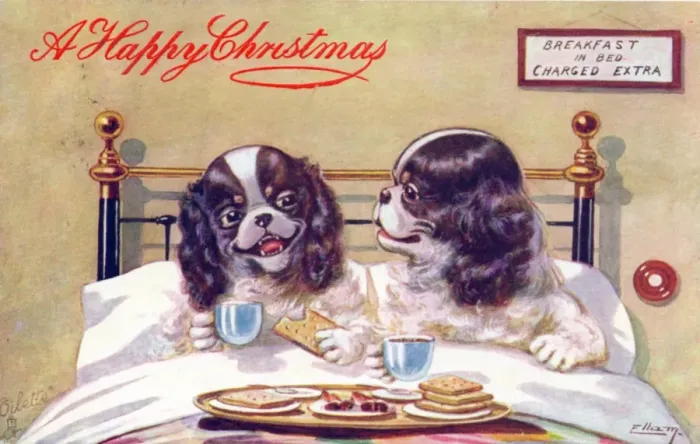 Framed Print : Two dogs in bed on a Christmas postcard Framed Print : Two dogs in bed on a Christmas postcard