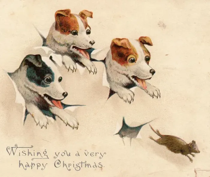 Framed Print : Three dogs chasing a mouse on a Christmas card Framed Print : Three dogs chasing a mouse on a Christmas card