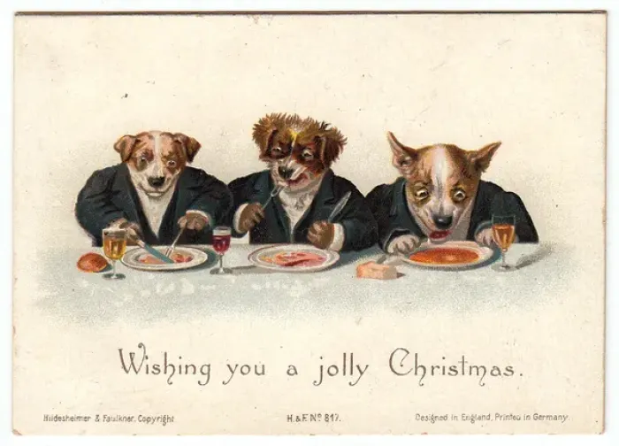 Framed Print : Three dogs eating their dinner on a Christmas card Framed Print : Three dogs eating their dinner on a Christmas card