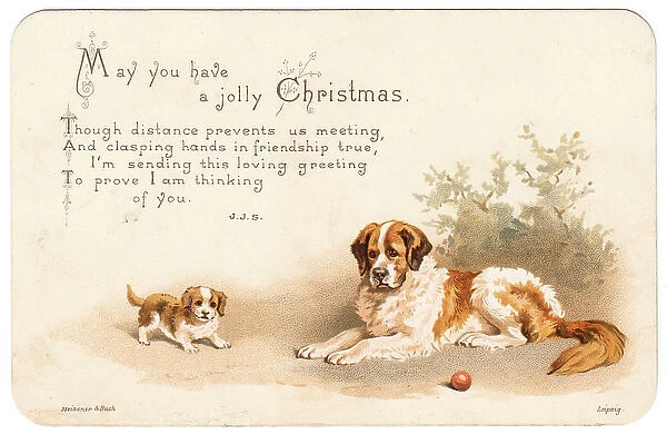 Two dogs, large and small, on a Christmas card
