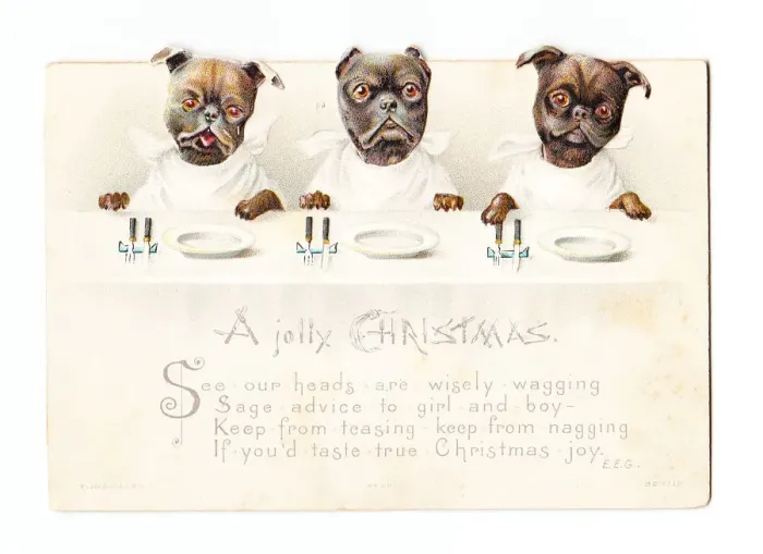 Framed Print : Three dogs with moveable heads on a Christmas card Framed Print : Three dogs with moveable heads on a Christmas card