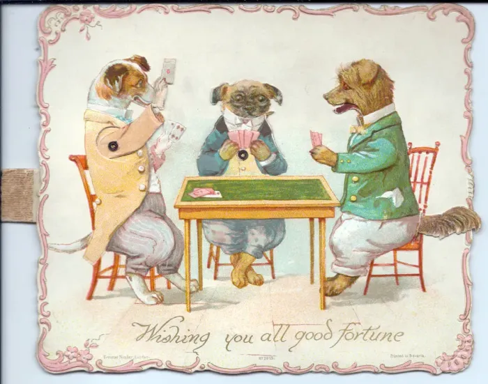 Framed Print : Three dogs playing cards on a New Year card Framed Print : Three dogs playing cards on a New Year card