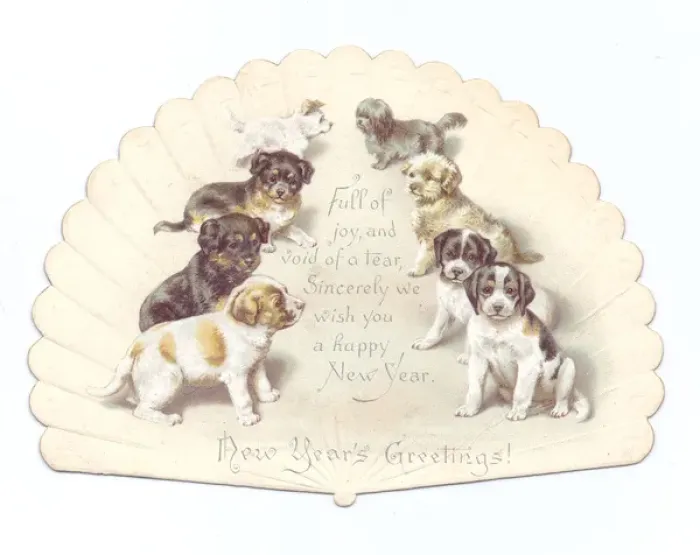 Framed Print : Dogs and puppies on a New Year card in the shape of a fan Framed Print : Dogs and puppies on a New Year card in the shape of a fan