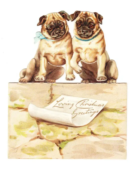 Framed Print : Two dogs on a wall on a cutout Christmas card Framed Print : Two dogs on a wall on a cutout Christmas card