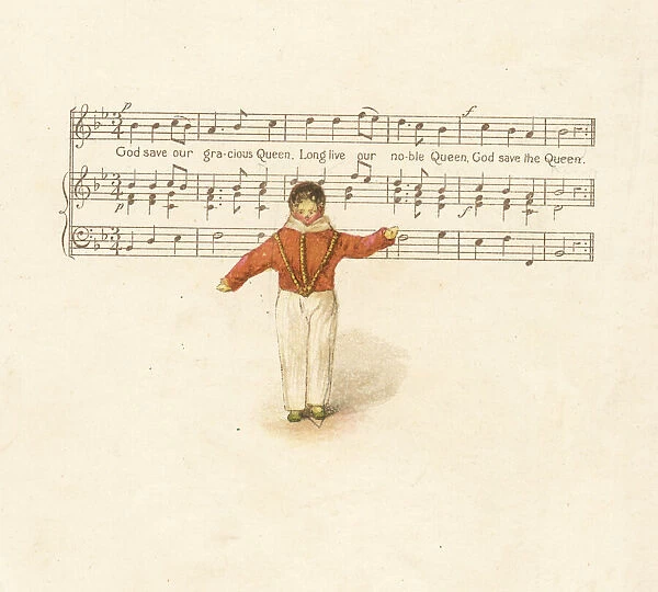 Doll representing a young man in front of a music score