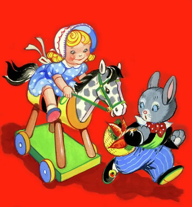 Framed Print : Doll riding a toy horse, chasing Mr Rabbit Framed Print : Doll riding a toy horse, chasing Mr Rabbit