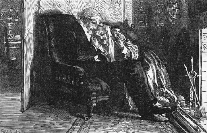 Framed Print : Domestic interior: an old couple by the fireside, 1878 Framed Print : Domestic interior: an old couple by the fireside, 1878