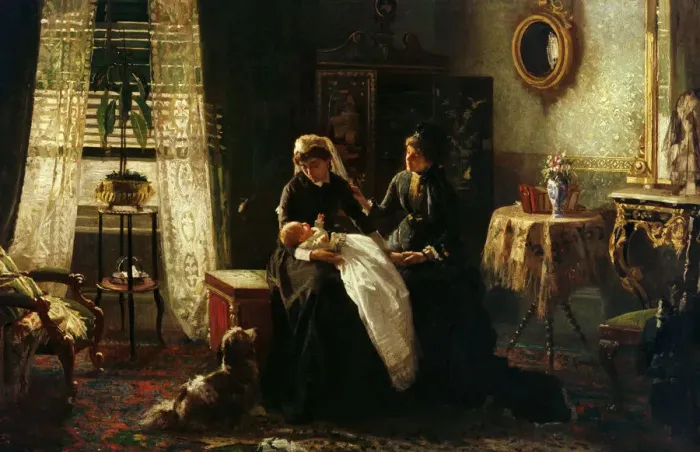Framed Print : A domestic interior with two women wearing black, one holdin Framed Print : A domestic interior with two women wearing black, one holdin