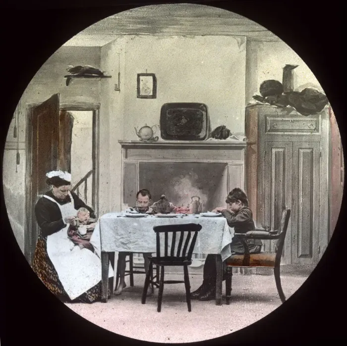 Framed Print : Domestic scene with woman, baby and two boys at a table Framed Print : Domestic scene with woman, baby and two boys at a table