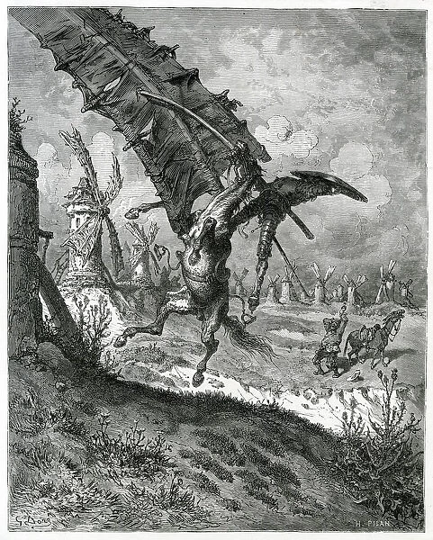 Don Quixote attacks a windmill