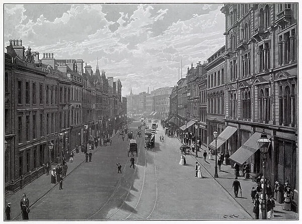 Donegal Place in Belfastwith its thoroughfare of shops. Date: late 1890s